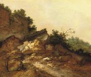 Jacobus Mancadan A rocky landscape with two peasants conversing near classical ruins oil painting artist
